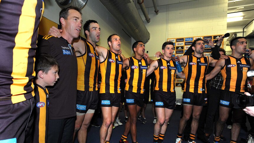 Sole focus ... Alastair Clarkson and the Hawks celebrate their win over the Eagles
