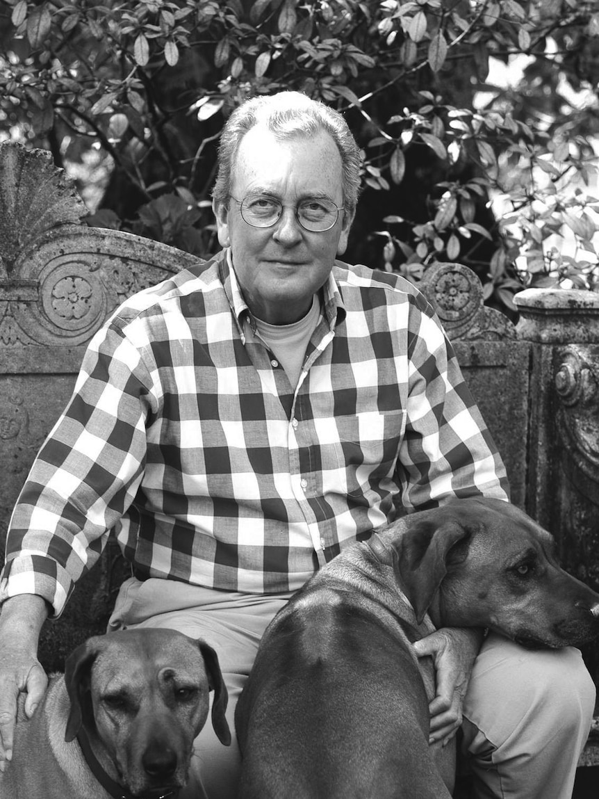 a man sitting in a garden with two dogs