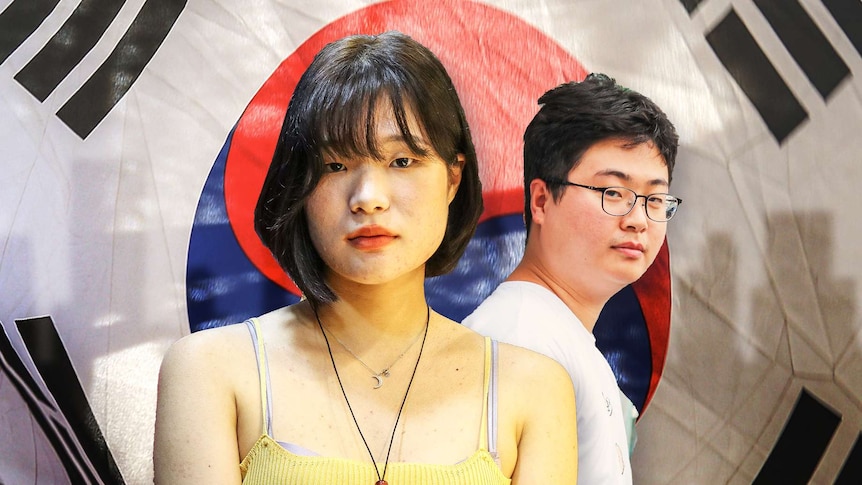 A graphic of two South Koreans in front of a national flag, with the skyline of Seoul in shadow.