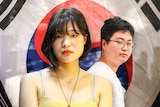 A graphic of two South Koreans in front of a national flag, with the skyline of Seoul in shadow.