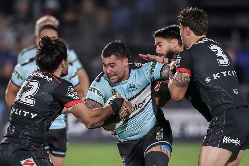 Andrew Fifita making a hit-up for Cronulla against the Warriors.