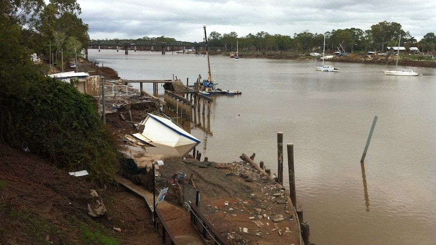 Part of the Midtown Marina building fell into the Burnett River in Bundaberg in southern Qld on February 19, 2013