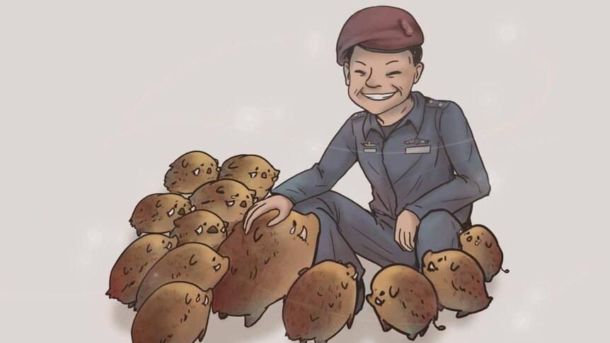 An illustration shows Saman Gunan surrounded by small, vulnerable boars, representing the Wild Boars soccer team.