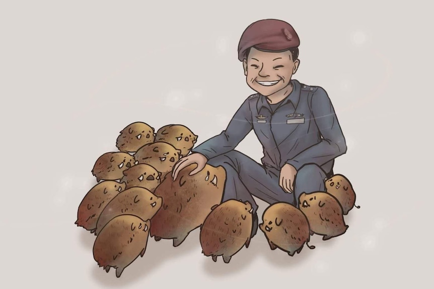 An illustration shows Saman Gunan surrounded by small, vulnerable boars, representing the Wild Boars soccer team.