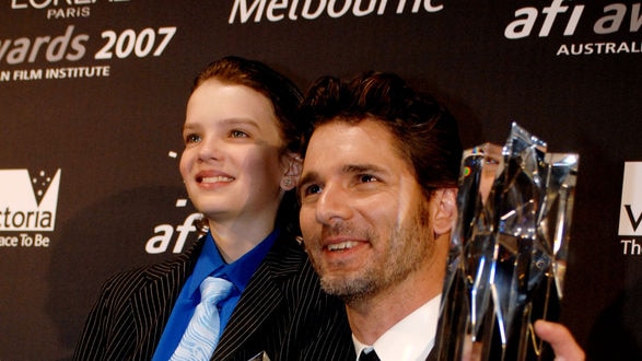 Double act... stars of Romulus, My Father Kodi Smit-McPhee with his award for Young Actor Award and Eric Bana with his Best Actor Award.