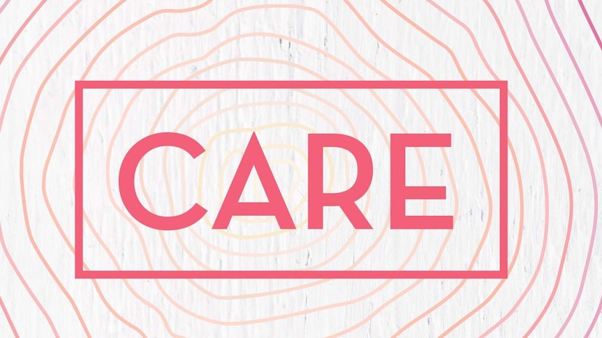 Book cover - the word 'care' in a box written in dark pink against a background of squiggly circular lines