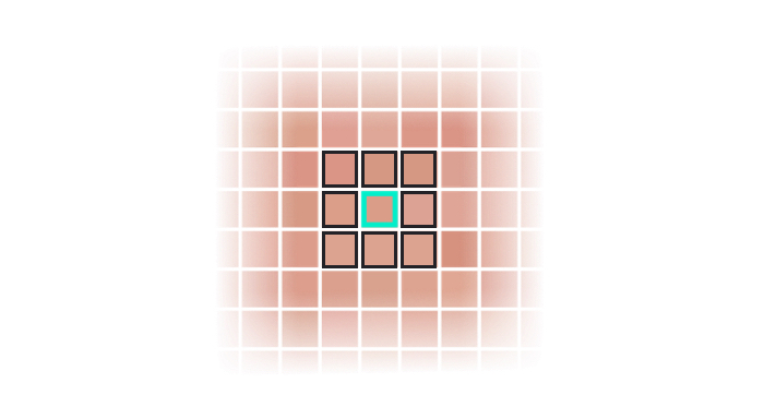 A single pixel highlighted and shown in relation to those around it.