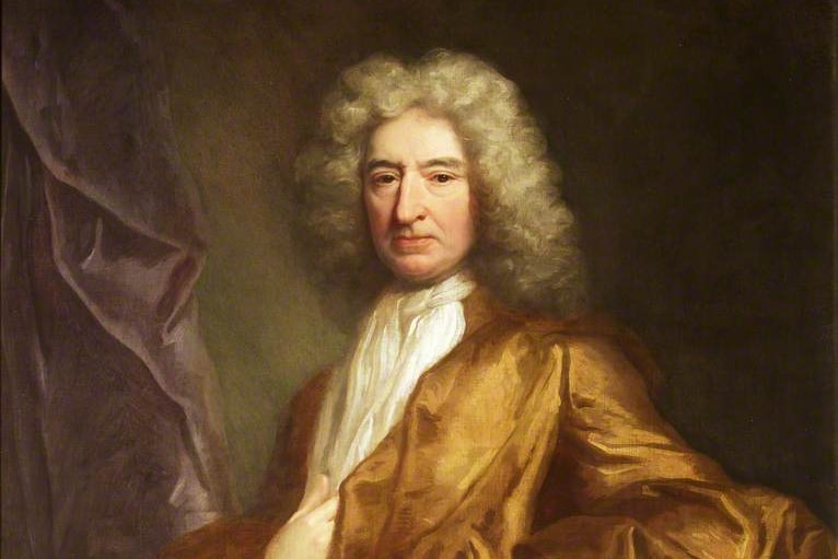 An old painting of a man with long grey hair, a white cravat and brown coat 