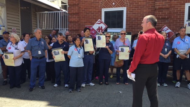 RPH support staff strike outside the hospital as United Voice's Pat O'Donnell speaks to them