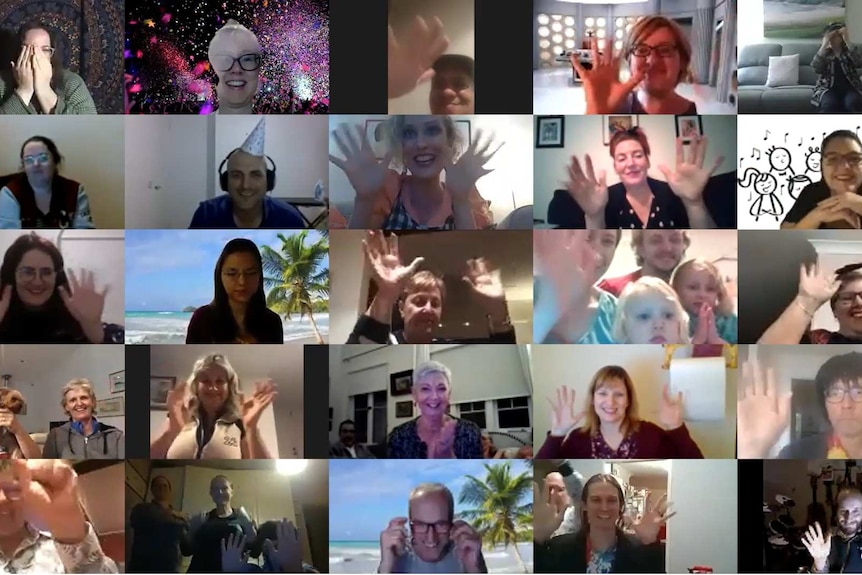 grid of people on computers involved in digital choir