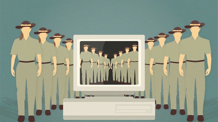 Illustration of computer with two rows of people in army uniform incrementally getting bigger, coming out of centre.