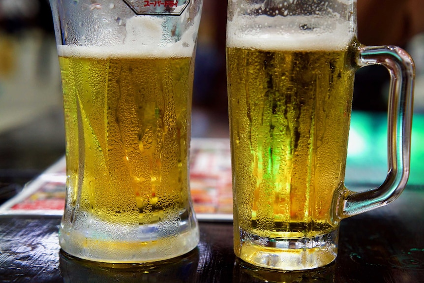 Two large glasses of cold beer.