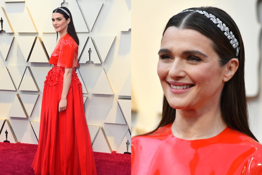 Rachel Weisz wears a bright red dress with a silver wreath headband.