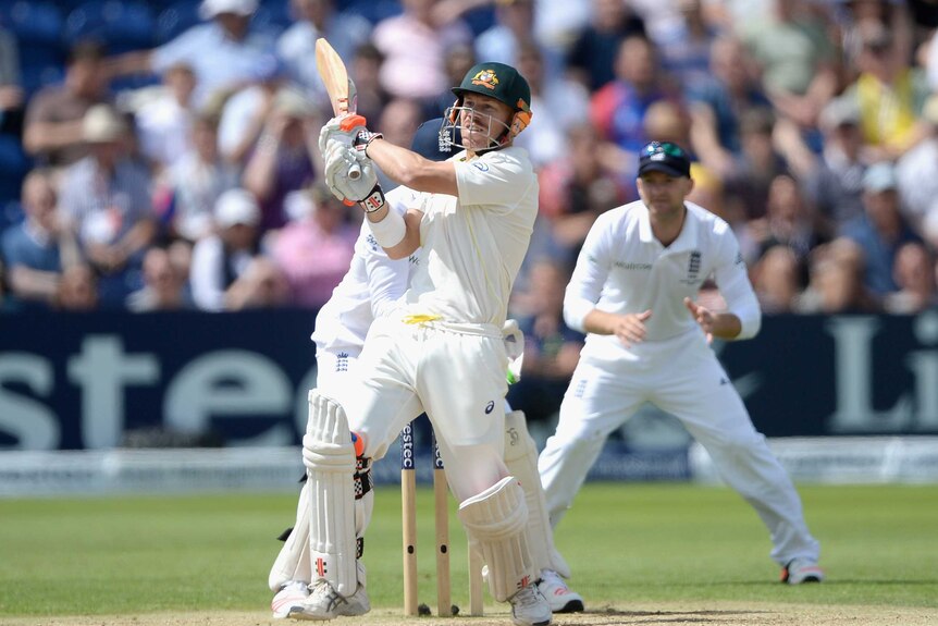 David Warner bats for Australia on day four of the first Test in Cardiff
