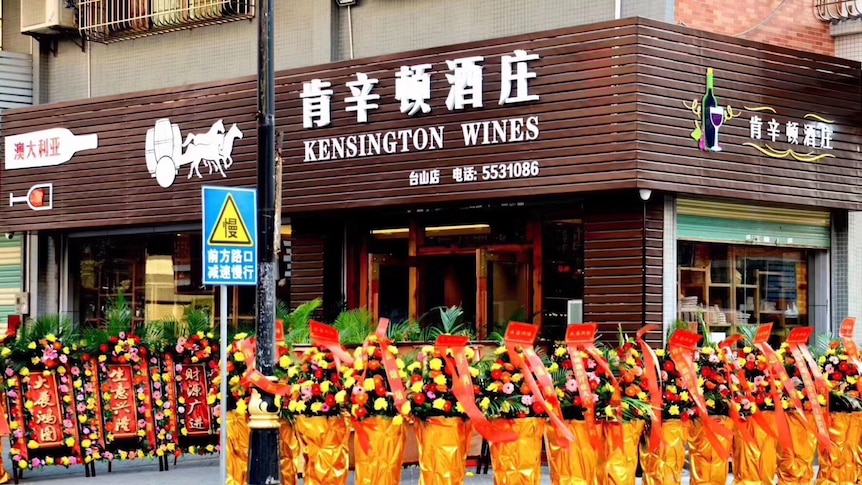 a corner-street store in the background with kensington wines in english and chinese, with bright floral displays in front.