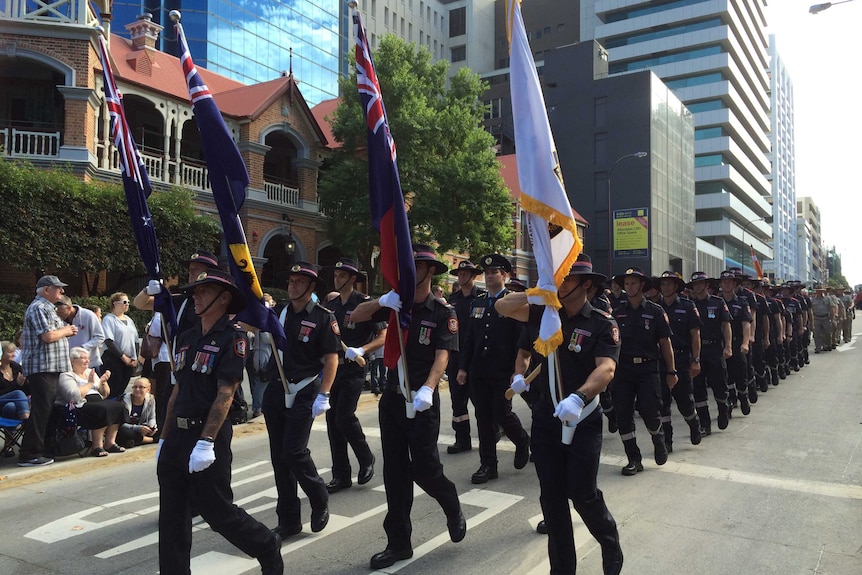 Marching through Perth streets on Anzac Day 2014