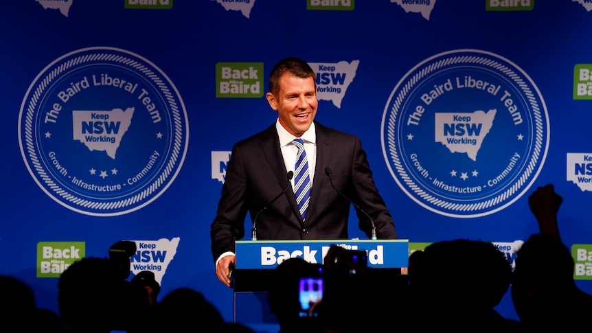 NSW Premier Mike Baird speaks during election night