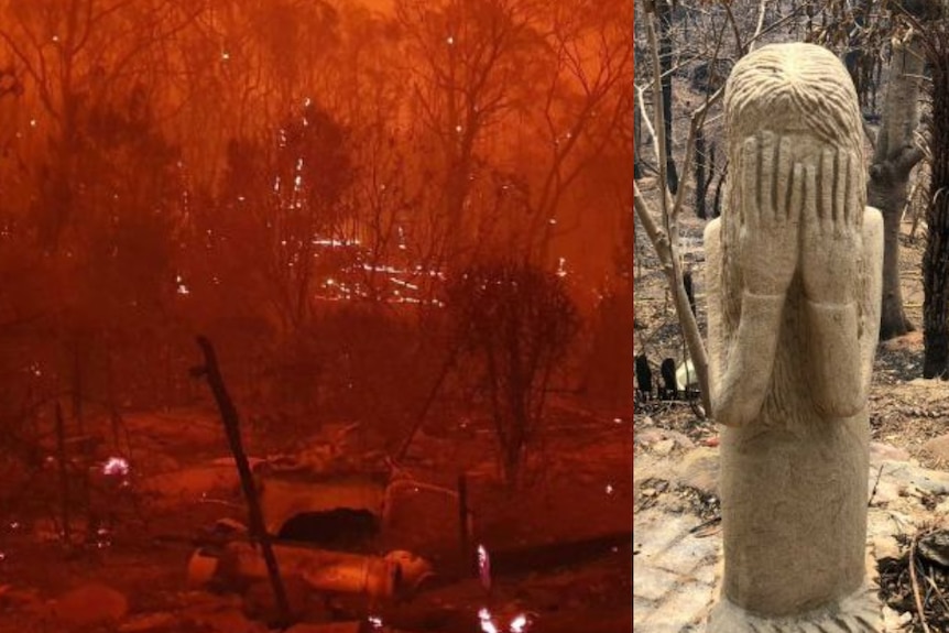 A split image showing a firestorm in bushland and an agonised stone figure with its hands over its face.