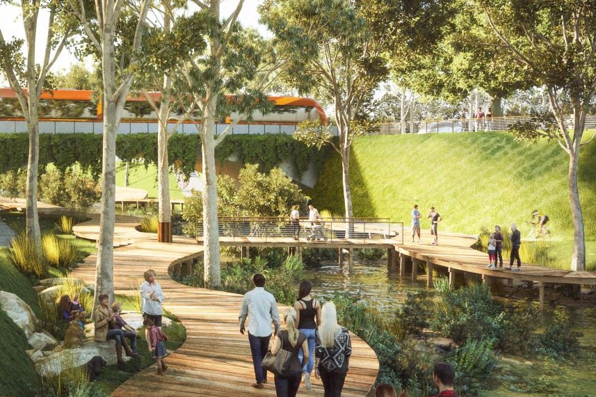 AN illustration of a green space with boardwalks