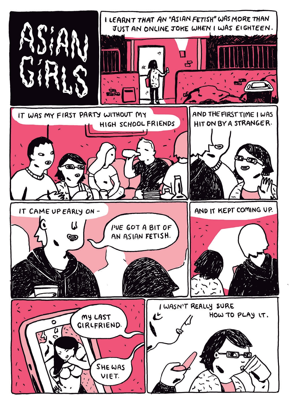 An excerpt from comic Asian Girls by Meg O'Shea excerpt peach white and black line drawing and graphics.