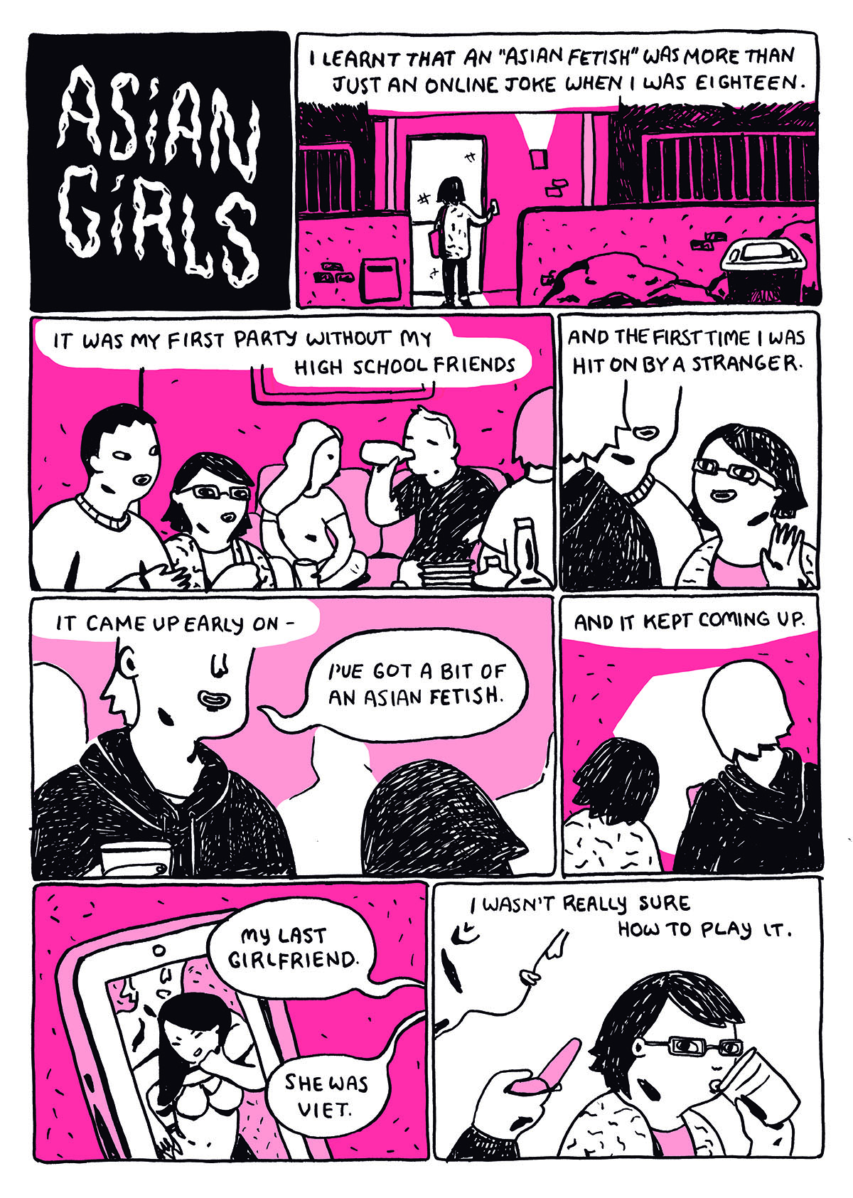 An excerpt from comic Asian Girls by Meg O'Shea excerpt peach white and black line drawing and graphics.