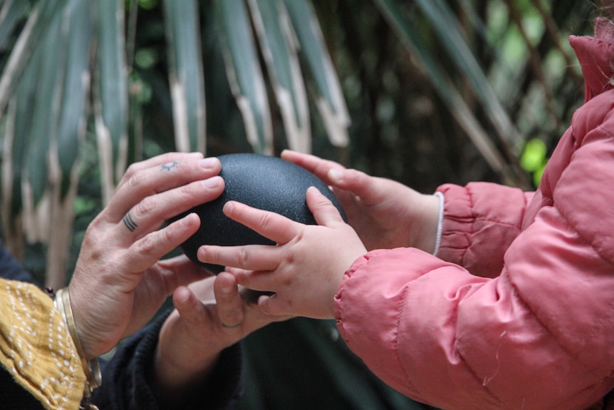 A woman passes an emu egg to a small child but only their hands are visible