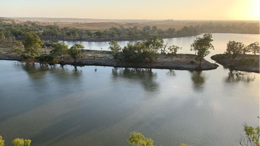 A wide body of water with land and trees in the middle