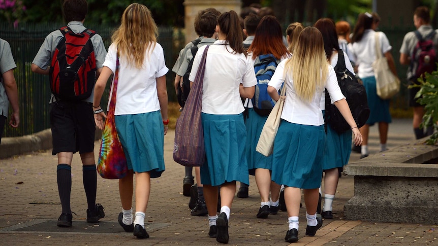 A group of high school students walking to school together.