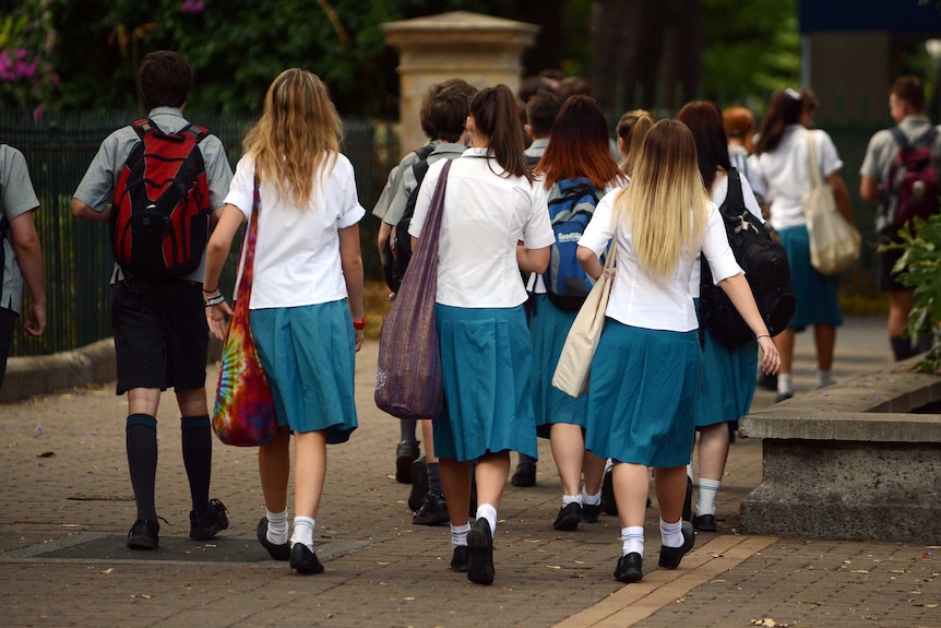 A group of high school students walking to school together.