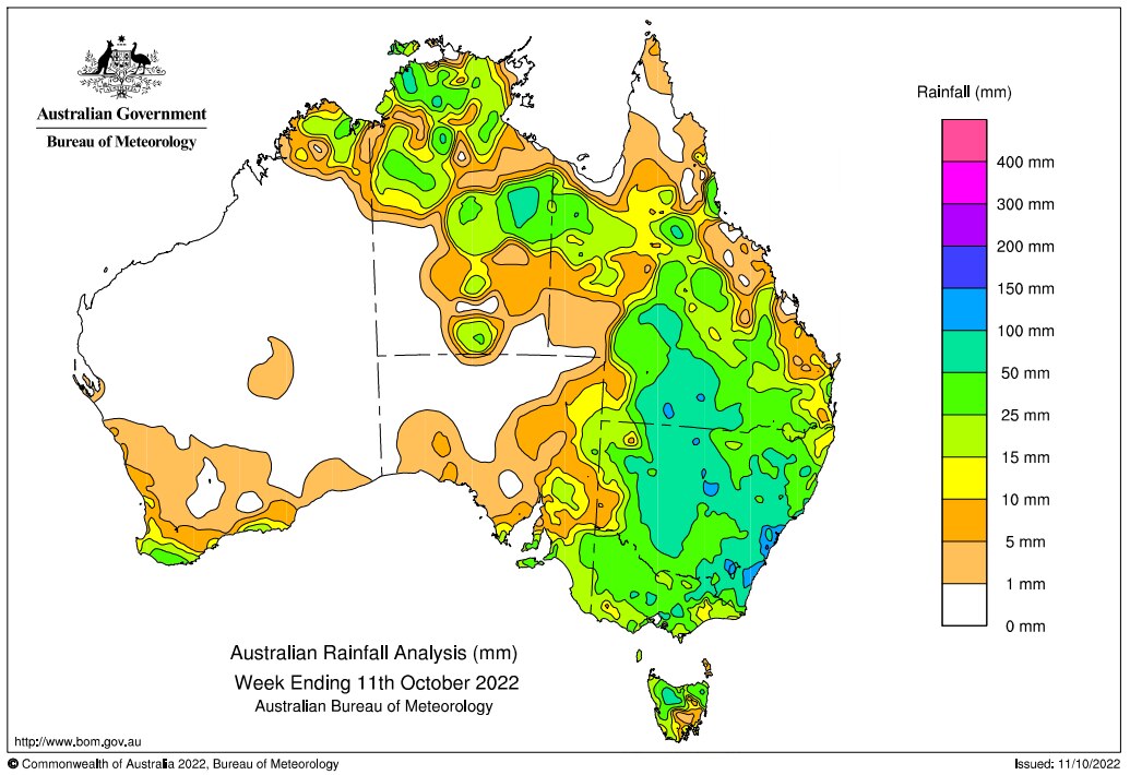 Map of Aus, focus of green over central and coastal NSW and south west QLD 