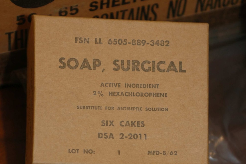 Box of surgical soap cakes recovered from forgotten 1960 medical kits