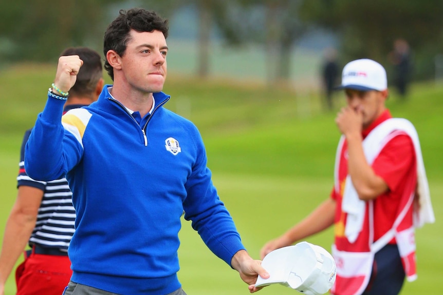 McIlroy celebrates during singles match against Fowler