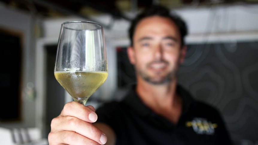 Joel Robinson holds a glass of mead out to the camera.