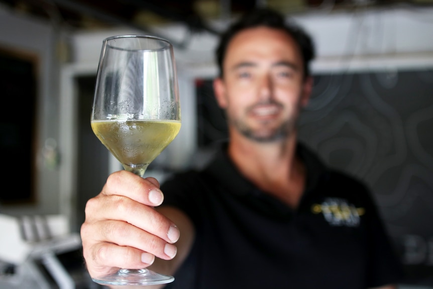 Joel Robinson holds a glass of mead out to the camera.