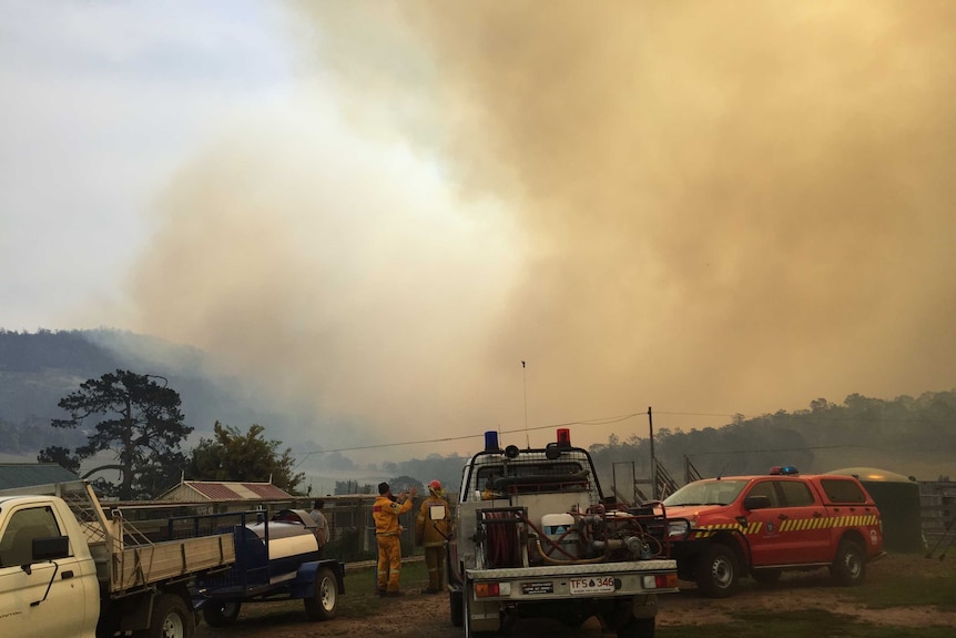 Tasmanian firefighters and vehicles at Campania.