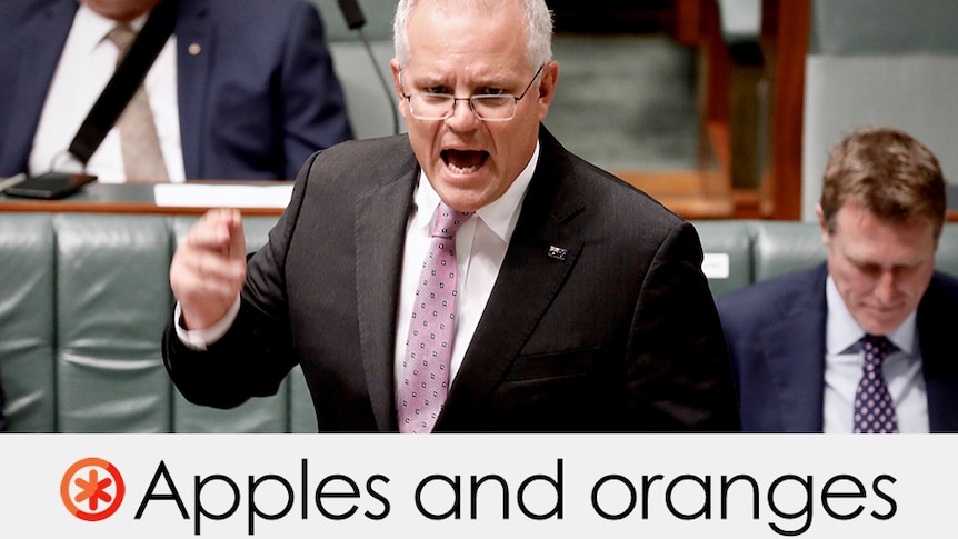 Australia PM Scott Morrison raises his right hand as he speaks in Parliament wearing a suit