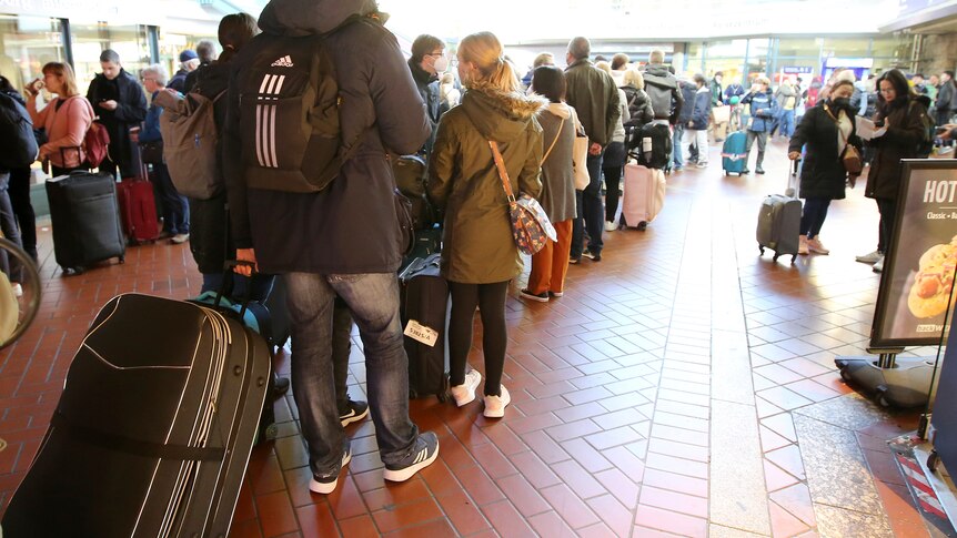 People carrying suitcases and other luggage stand in long lines. 
