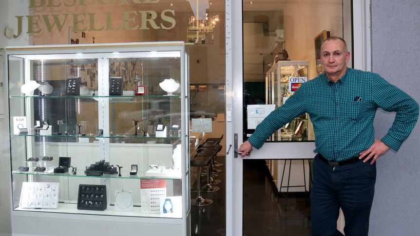 Elsternwick jewellery store owner Perry Hanna standing outside his jewellery store.