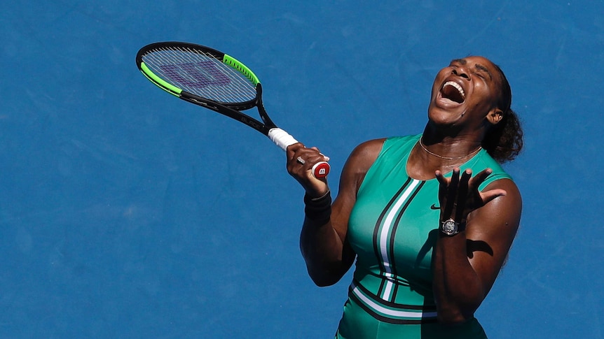 Serena Williams screams with her head turned skyward during a match against Karolina Pliskova at the Australian Open.