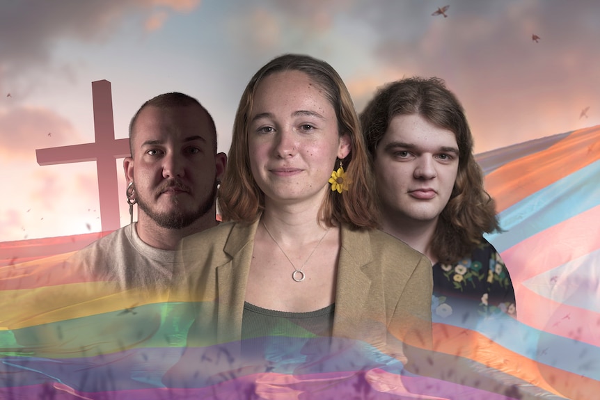 a montage of three faces against a graphic background of a rainbow pride flag and cross