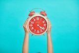 hands hold an orange alarm clock against a blue background