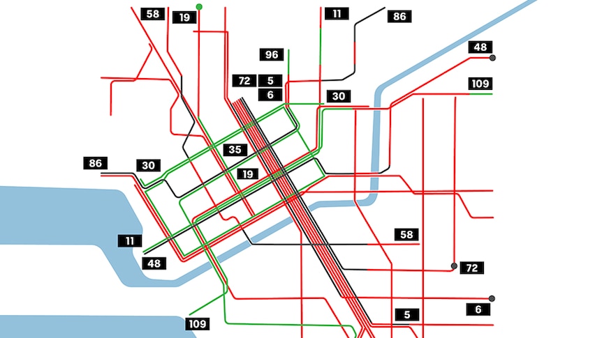 A map of red, black and green lines represents tram lines with no access, some access and access for people with disabilities.