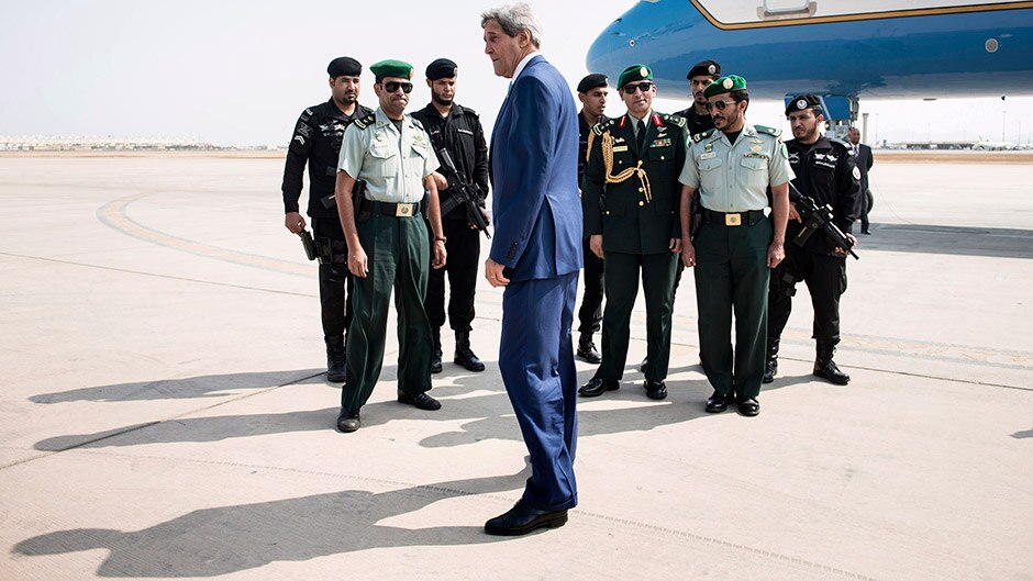 US secretary of state John Kerry waits to board his plane at King Abdulaziz International Airport in Jeddah.