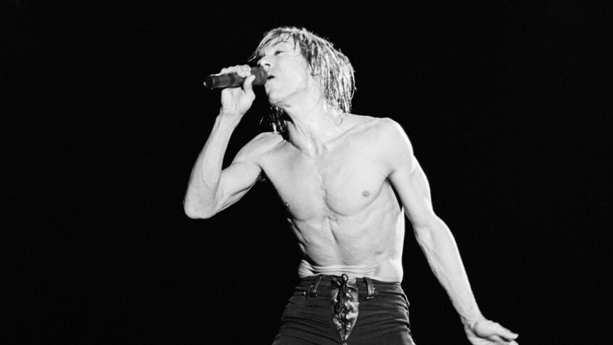 black and white photo of a shirtless iggy pop singing into a microphone