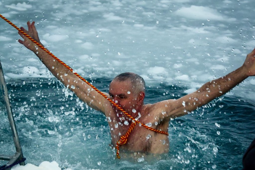 An Antarctic expeditioner swims in icy water