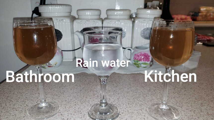 Three glasses of water. Two of them are brown in colour and have come from the tap. The one that is clear is rainwater