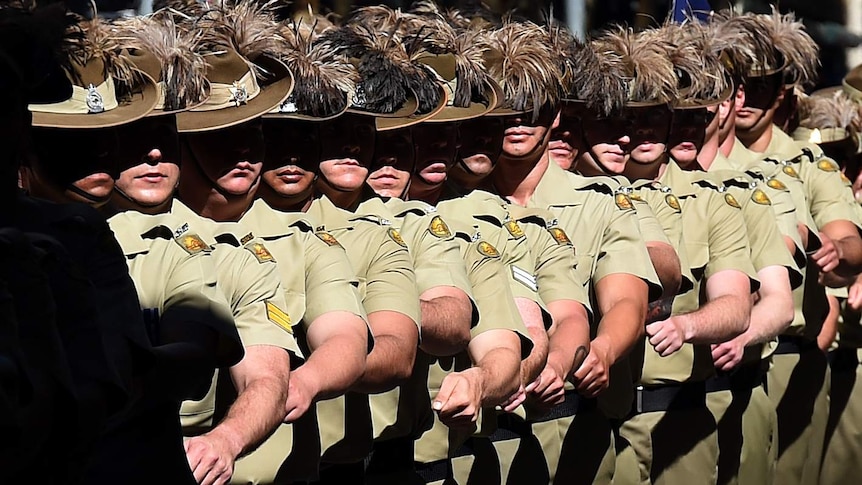 Australian Army soldiers march in an Anzac Day parade