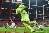 Neymar celebrates one of his Champions League goals against Bayern Munich