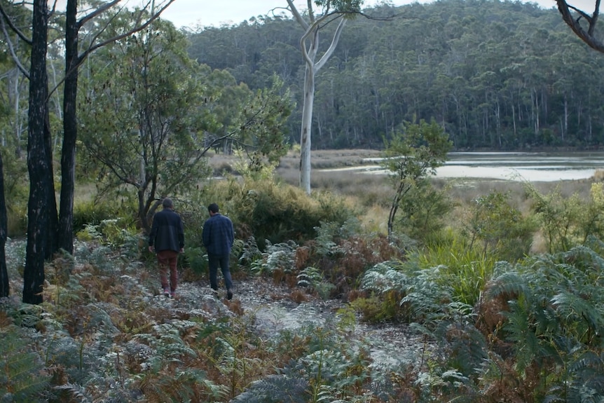 a wide shot of a bush and river scene, two people are walking along a path