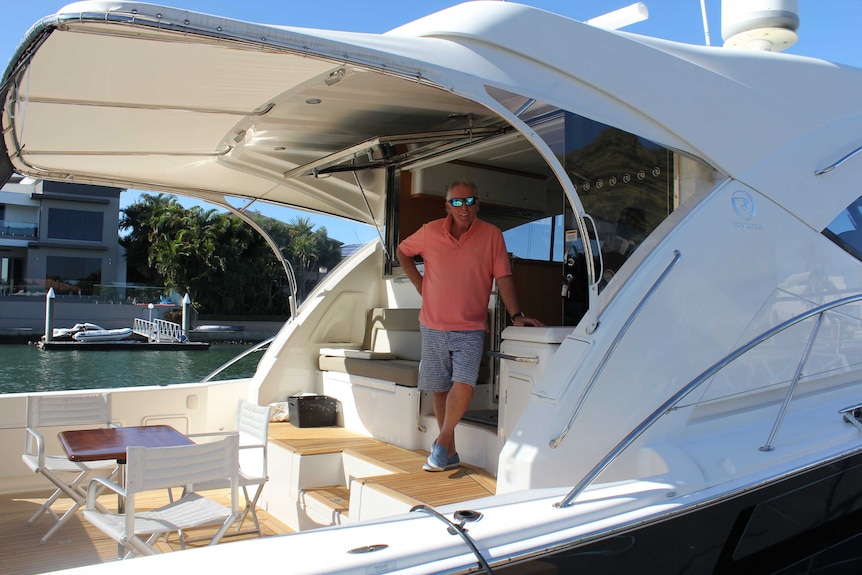 Businessman and Sovereign Islands resident Mitchell Stronge on board his luxury boat